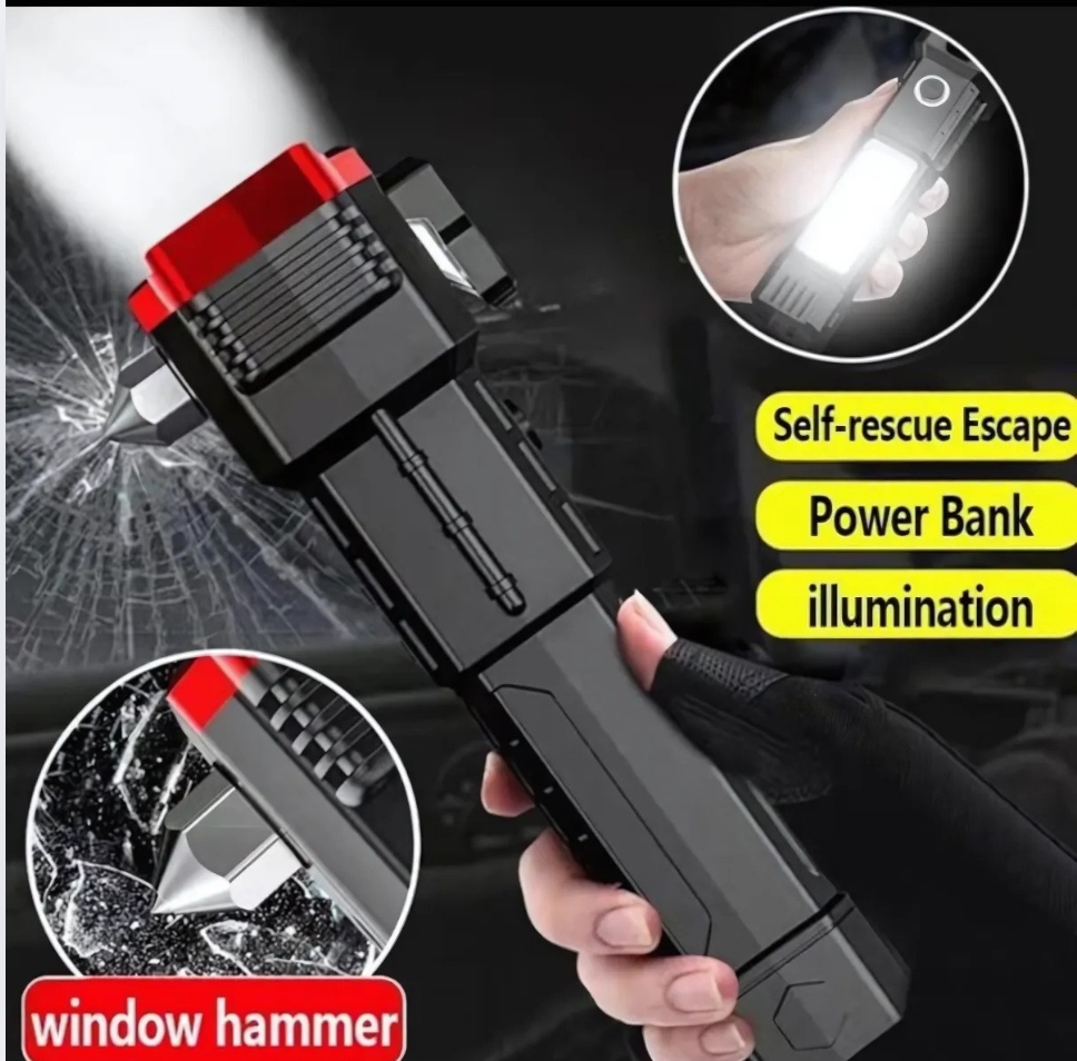 Rechargeable Torch Light with hammer and razor - multifunction flashlight for emergencies and survival.